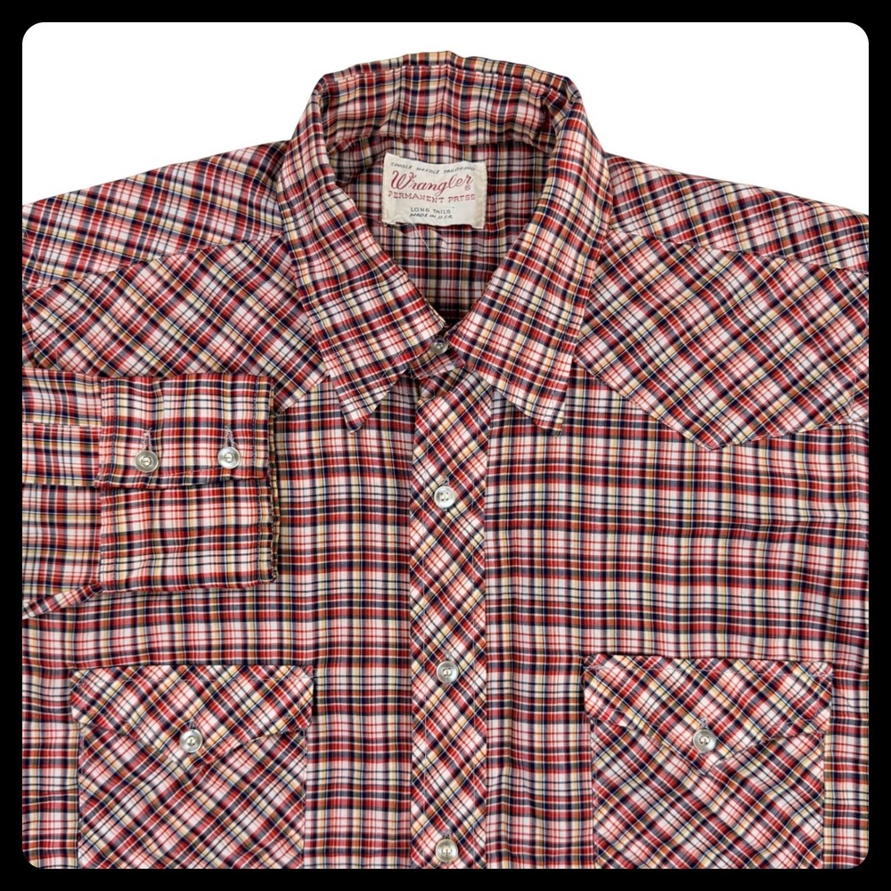 Vintage‎ Wrangler Western Shirt Men Medium Red Blue Plaid 60s 70s USA Cowboy